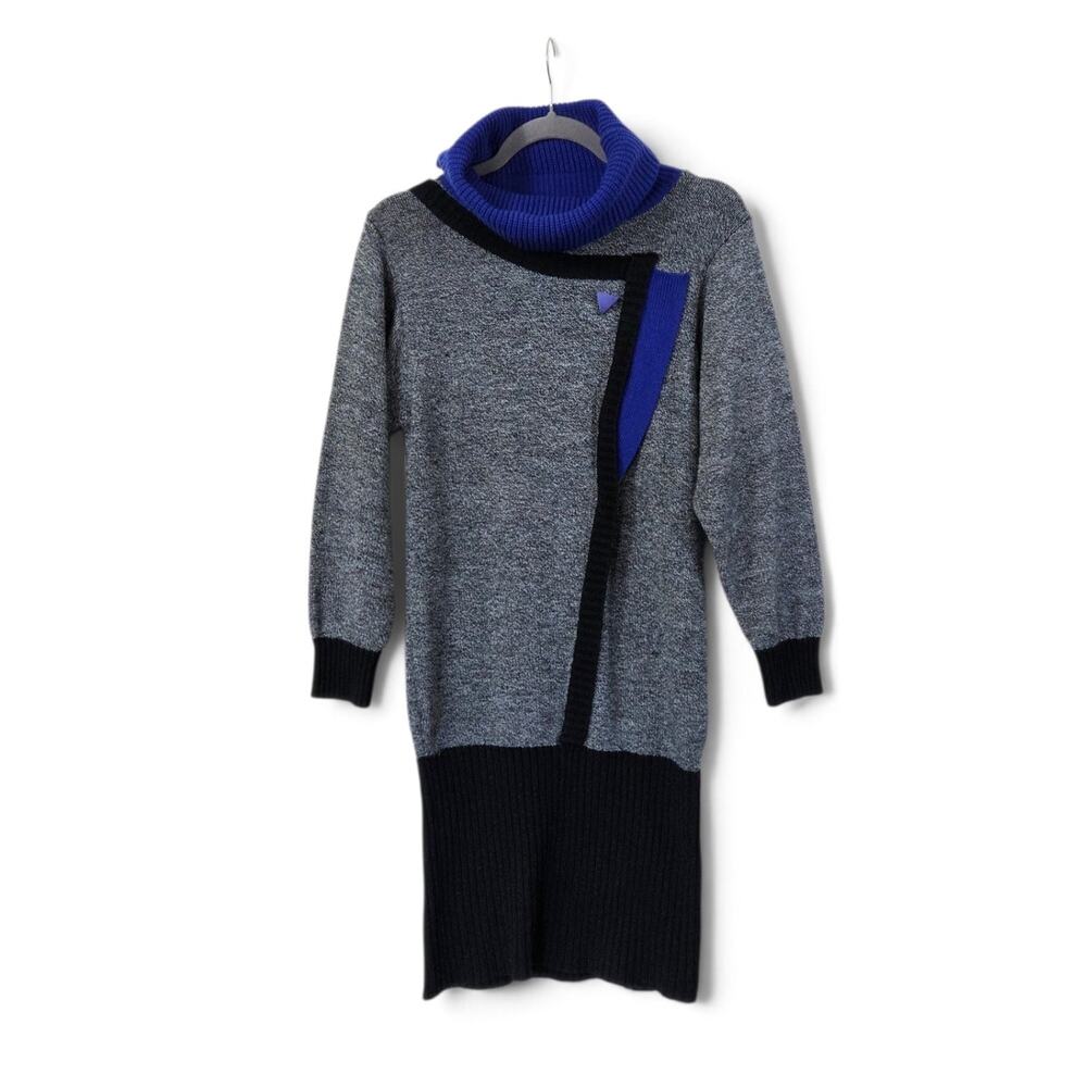 Dressy Tessy Vintage Black Blue Colorblock Turtleneck Sweater Dress, Size Small